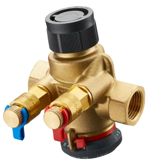 Oventrop Regelventil mit zwei Messventilen, ausgestattet mit Anschlüssen für hydraulische Anwendungen, in goldfarbener Ausführung und mit drehbarem Einstellkopf.